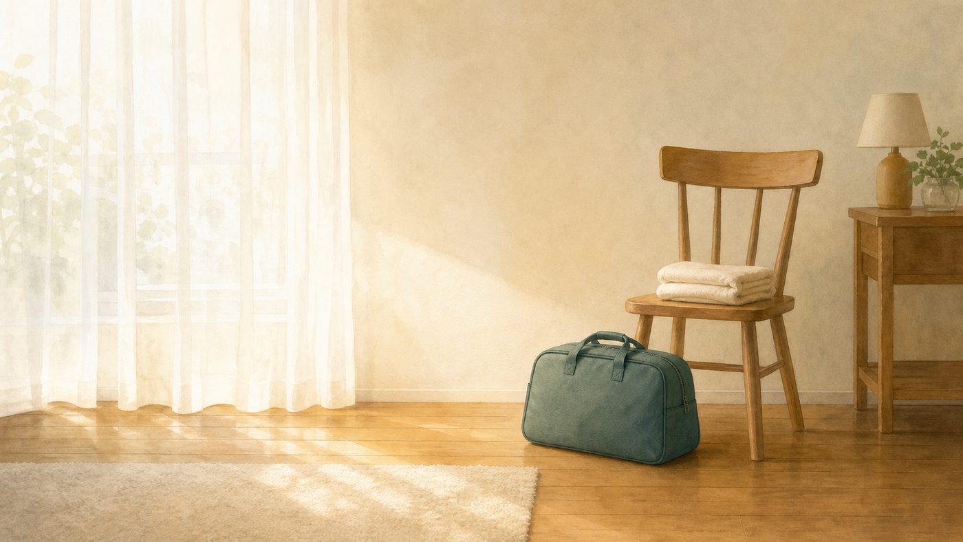 外出前の静かな朝を表す荷物と窓辺